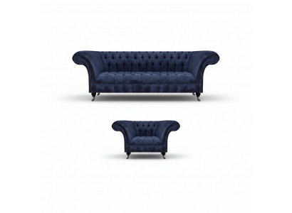 Blue Chesterfield Fabric Living Room Upholstered Seating Furniture 2-Piece Set