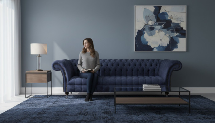 Blue Chesterfield seating furniture living room four-seater couch upholstered sofas