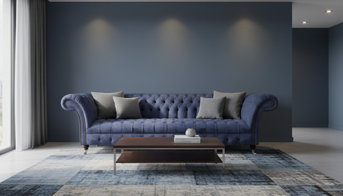 Blue Chesterfield seating furniture living room four-seater couch upholstered sofas