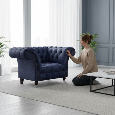 Dark blue Chesterfield single-seater living room fabric upholstered armchair new