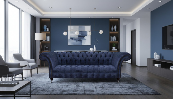 Dark blue Chesterfield sofa seating furniture upholstered couches textile furniture