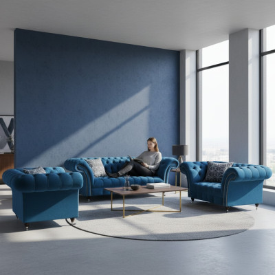 Chesterfield Blue Upholstered Living Room Sofa Set 3-Seater 3-Piece Set