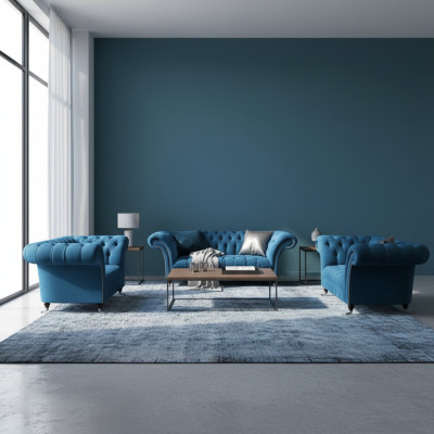 Chesterfield Blue Upholstered Living Room Sofa Set 3-Seater 3-Piece Set