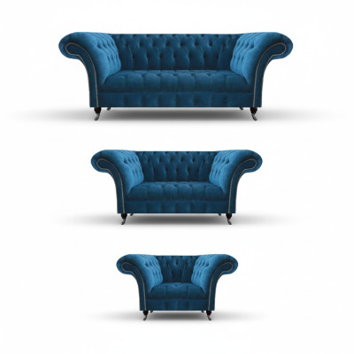 Chesterfield Blue Upholstered Living Room Sofa Set 3-Seater 3-Piece Set