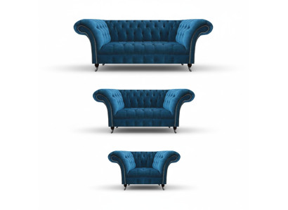 Chesterfield Blue Upholstered Living Room Sofa Set 3-Seater 3-Piece Set