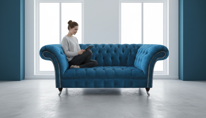 Blue Chesterfield luxury sofa living room fabric seat elegant three-seater
