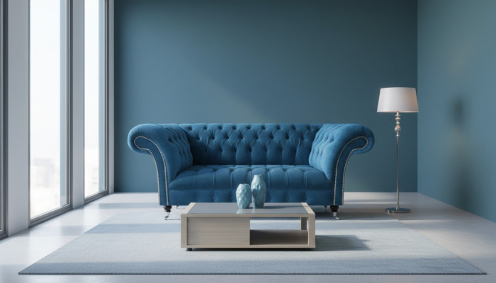 Blue Chesterfield luxury sofa living room fabric seat elegant three-seater