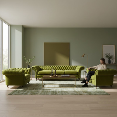 Olive green living room set Chesterfield upholstered sofa 2x armchairs 3-piece