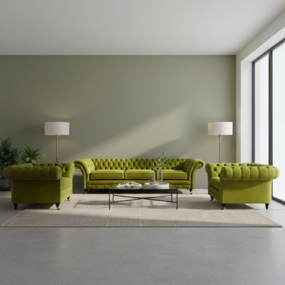 Olive green living room set Chesterfield upholstered sofa 2x armchairs 3-piece