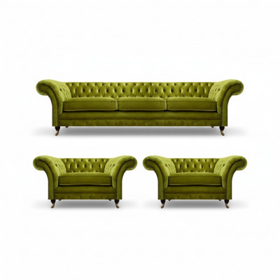 Olive green living room set Chesterfield upholstered sofa 2x armchairs 3-piece