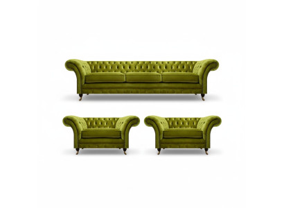 Olive green living room set Chesterfield upholstered sofa 2x armchairs 3-piece