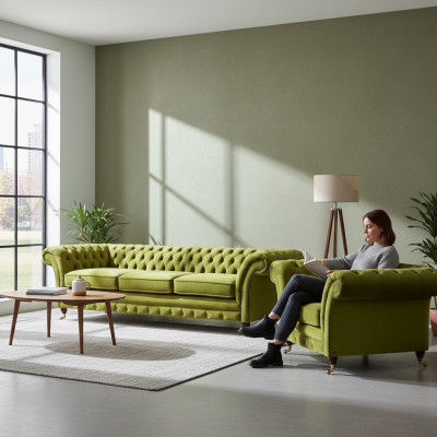Olive green Chesterfield fabric sofa luxurious living room textile armchair