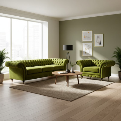Olive green Chesterfield fabric sofa luxurious living room textile armchair