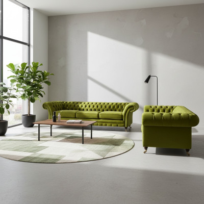 Olive green Chesterfield sofa set living room complete textile furniture