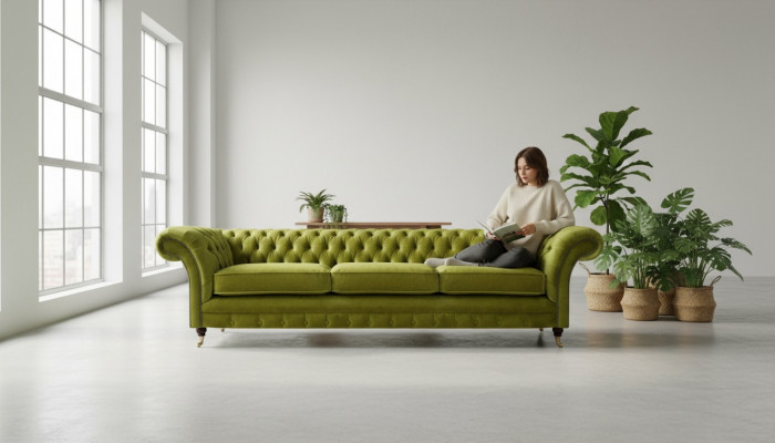 Chesterfield olive green upholstered sofa bed function couch living room furniture