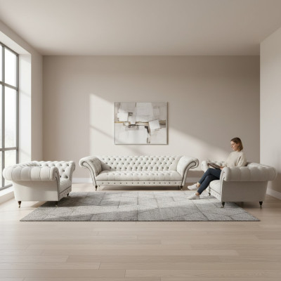 White Chesterfield Suite Upholstered Couches Designer Sofa Set 3-piece