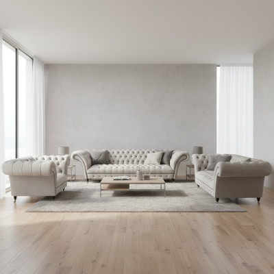White Chesterfield Suite Upholstered Couches Designer Sofa Set 3-piece