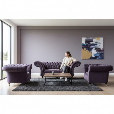 Lila Chesterfield Upholstered Living Room Set 3-Seater Designer 2x Armchair