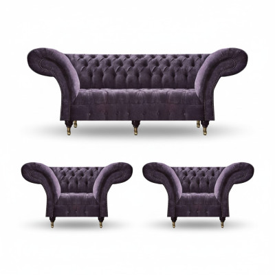 Lila Chesterfield Upholstered Living Room Set 3-Seater Designer 2x Armchair
