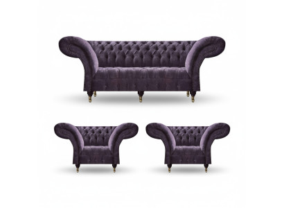 Lila Chesterfield Upholstered Living Room Set 3-Seater Designer 2x Armchair