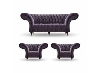 Lila Chesterfield Upholstered Living Room Set 3-Seater Designer 2x Armchair