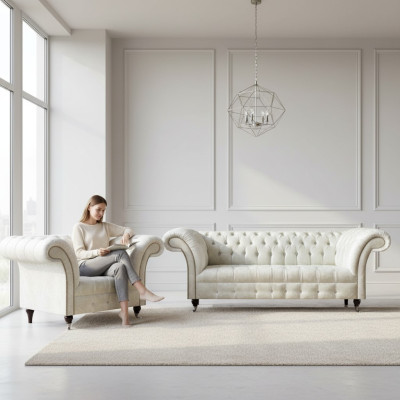 Modern Chesterfield White Fabric Couch Exclusive Living Room Armchair 2-piece Set
