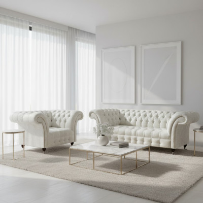 Modern Chesterfield White Fabric Couch Exclusive Living Room Armchair 2-piece Set
