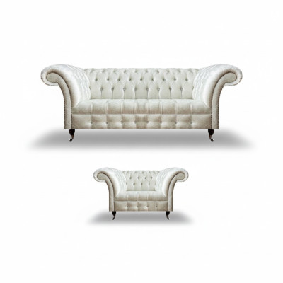 Modern Chesterfield White Fabric Couch Exclusive Living Room Armchair 2-piece Set