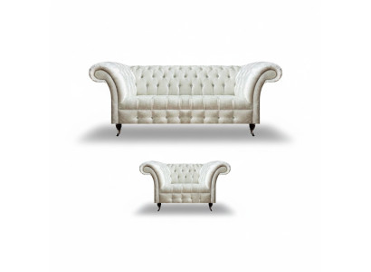 Modern Chesterfield White Fabric Couch Exclusive Living Room Armchair 2-piece Set