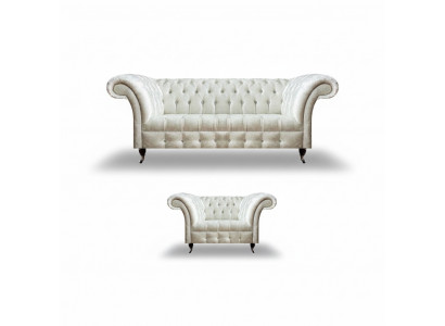 Modern Chesterfield White Fabric Couch Exclusive Living Room Armchair 2-piece Set