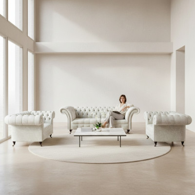 White Chesterfield textile sofas living room suite designer set 3-piece
