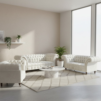 White Chesterfield textile sofas living room suite designer set 3-piece