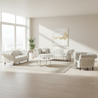 White Chesterfield Textile Suite Designer Seating Upholstered Set