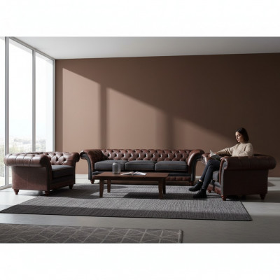 Brown-Grey Chesterfield Suite 2x Leather Armchairs Three-Seater 3-piece Set
