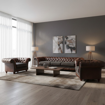 Brown-Grey Chesterfield Suite 2x Leather Armchairs Three-Seater 3-piece Set