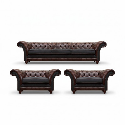 Brown-Grey Chesterfield Suite 2x Leather Armchairs Three-Seater 3-piece Set