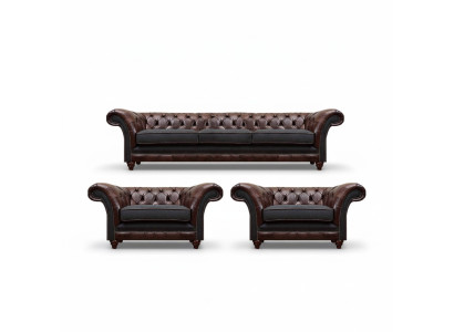 Brown-Grey Chesterfield Suite 2x Leather Armchairs Three-Seater 3-piece Set