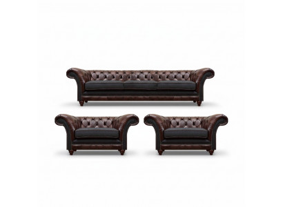 Brown-Grey Chesterfield Suite 2x Leather Armchairs Three-Seater 3-piece Set
