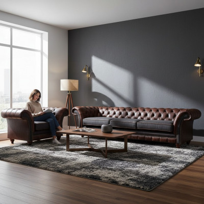 Chesterfield brown leather sofa set three-seater elegant upholstered armchair