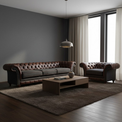 Chesterfield brown leather sofa set three-seater elegant upholstered armchair
