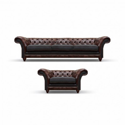 Chesterfield brown leather sofa set three-seater elegant upholstered armchair