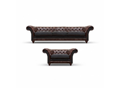 Chesterfield brown leather sofa set three-seater elegant upholstered armchair