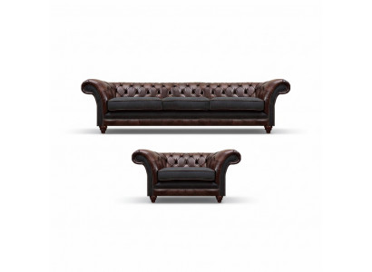 Chesterfield brown leather sofa set three-seater elegant upholstered armchair