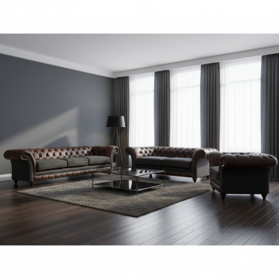 Chesterfield Brown-Gray Leather Sofa Set Designer Complete 3-Piece Set
