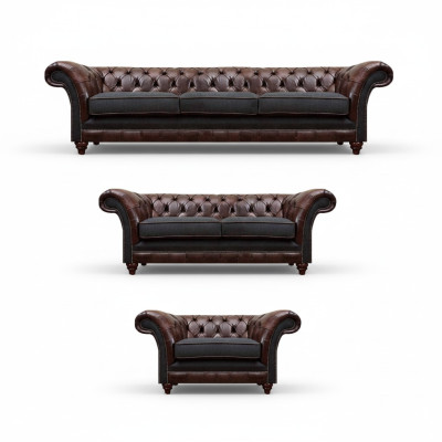 Chesterfield Brown-Gray Leather Sofa Set Designer Complete 3-Piece Set
