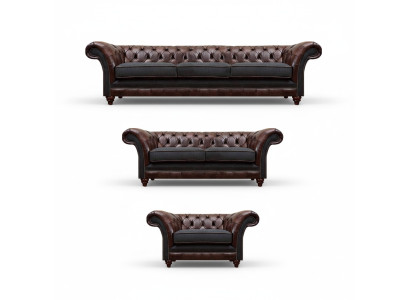 Chesterfield Brown-Gray Leather Sofa Set Designer Complete 3-Piece Set