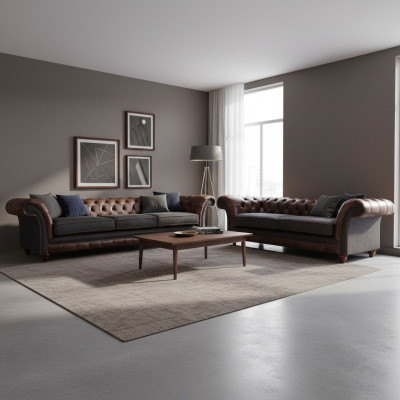 Chesterfield Brown-Gray Living Room Couch Set Modern Sofas 2-Piece
