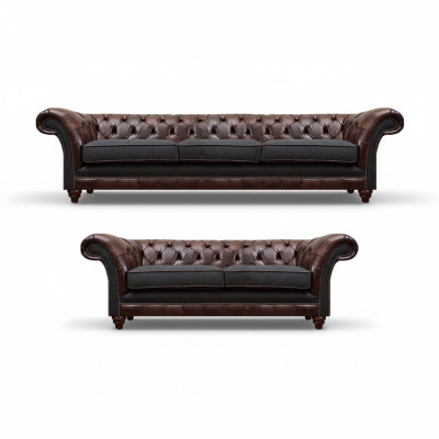 Chesterfield Brown-Gray Living Room Couch Set Modern Sofas 2-Piece