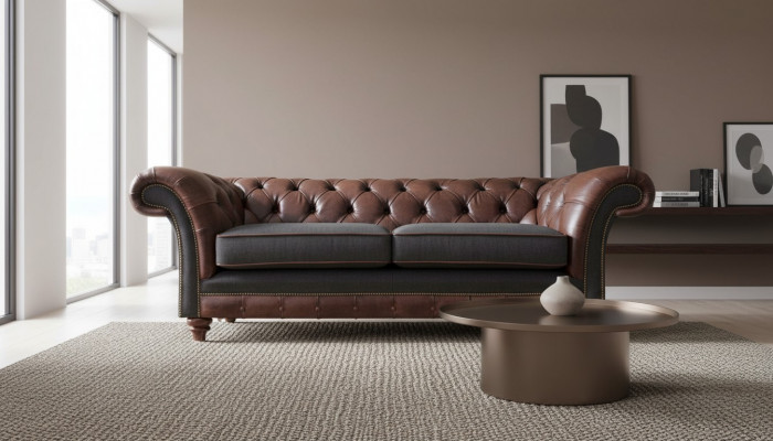 Brown-Gray Chesterfield Elderly Two-Seater Living Room Upholstered Couches