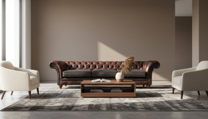 Brown-Grey Chesterfield Three-Seater Living Room Upholstered Sofas Luxury Couch